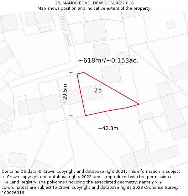 25, MANOR ROAD, BRANDON, IP27 0LG: Plot and title map