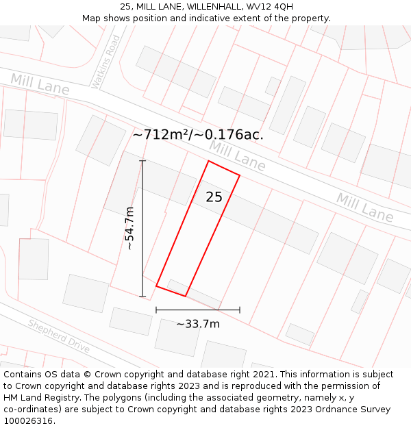 25, MILL LANE, WILLENHALL, WV12 4QH: Plot and title map