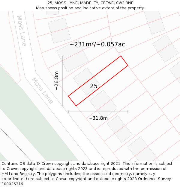 25, MOSS LANE, MADELEY, CREWE, CW3 9NF: Plot and title map