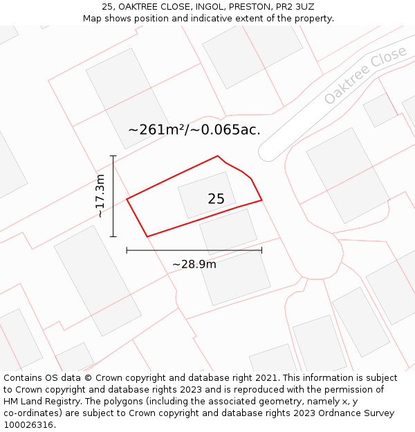25, OAKTREE CLOSE, INGOL, PRESTON, PR2 3UZ: Plot and title map