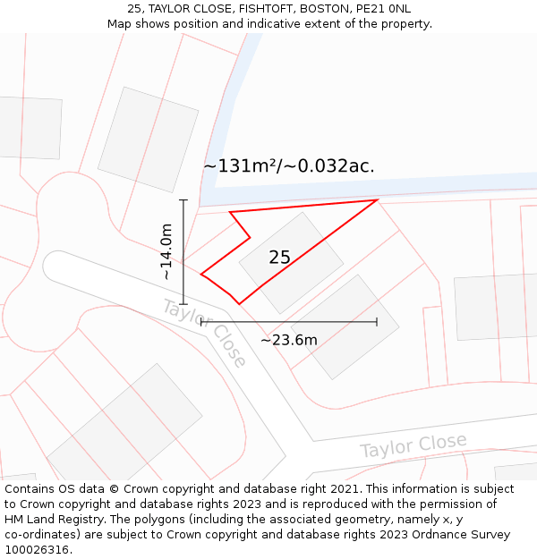 25, TAYLOR CLOSE, FISHTOFT, BOSTON, PE21 0NL: Plot and title map