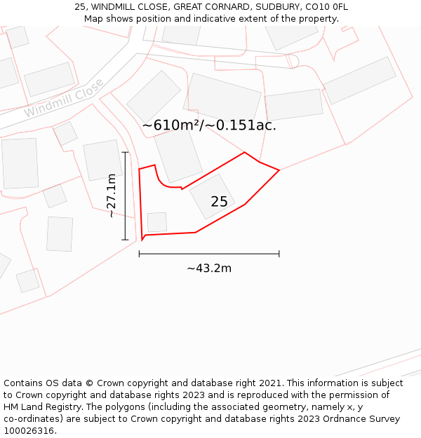 25, WINDMILL CLOSE, GREAT CORNARD, SUDBURY, CO10 0FL: Plot and title map