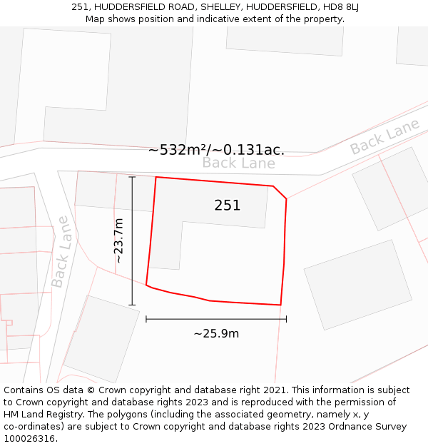 251, HUDDERSFIELD ROAD, SHELLEY, HUDDERSFIELD, HD8 8LJ: Plot and title map