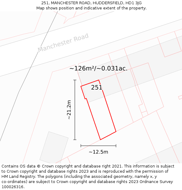 251, MANCHESTER ROAD, HUDDERSFIELD, HD1 3JG: Plot and title map