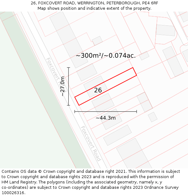 26, FOXCOVERT ROAD, WERRINGTON, PETERBOROUGH, PE4 6RF: Plot and title map
