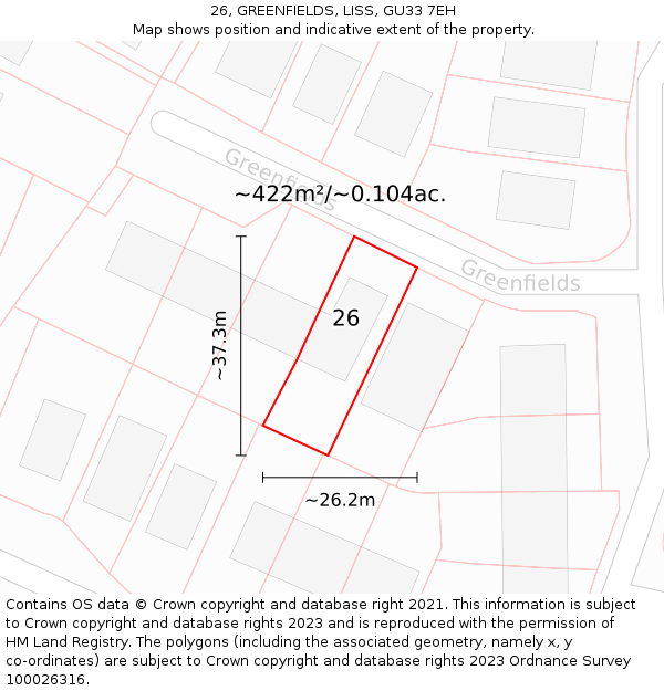 26, GREENFIELDS, LISS, GU33 7EH: Plot and title map