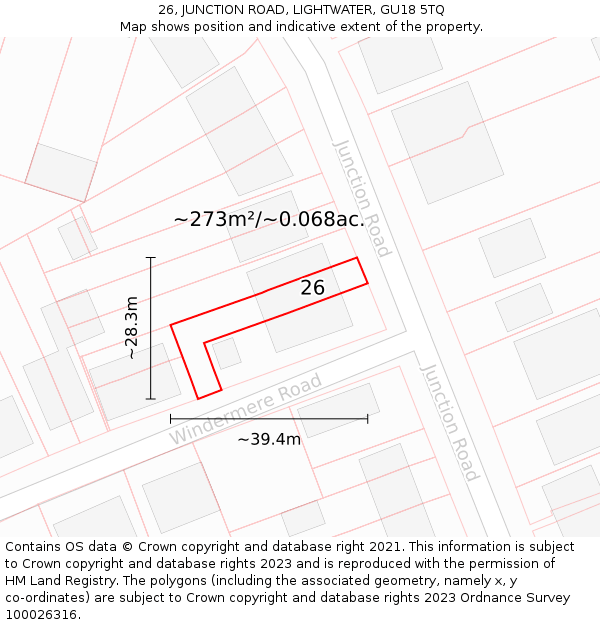 26, JUNCTION ROAD, LIGHTWATER, GU18 5TQ: Plot and title map