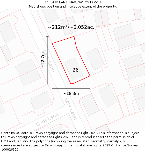 26, LARK LANE, HARLOW, CM17 0GU: Plot and title map