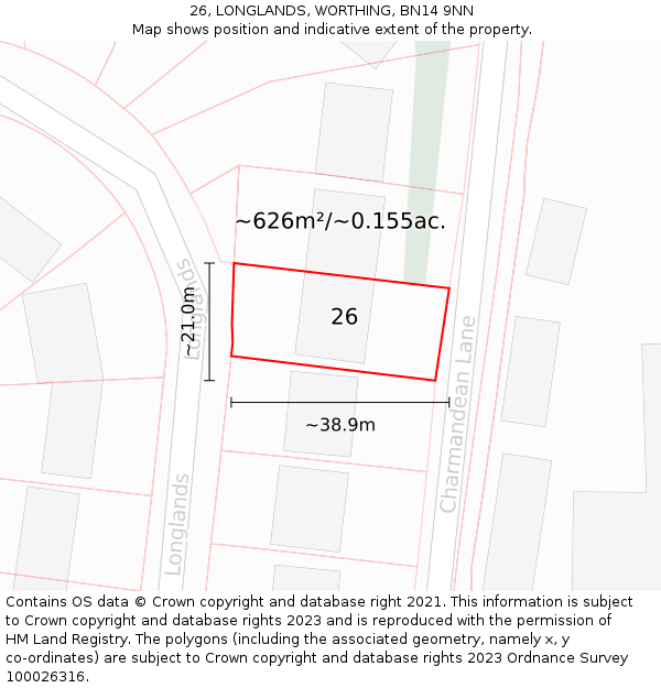 26, LONGLANDS, WORTHING, BN14 9NN: Plot and title map