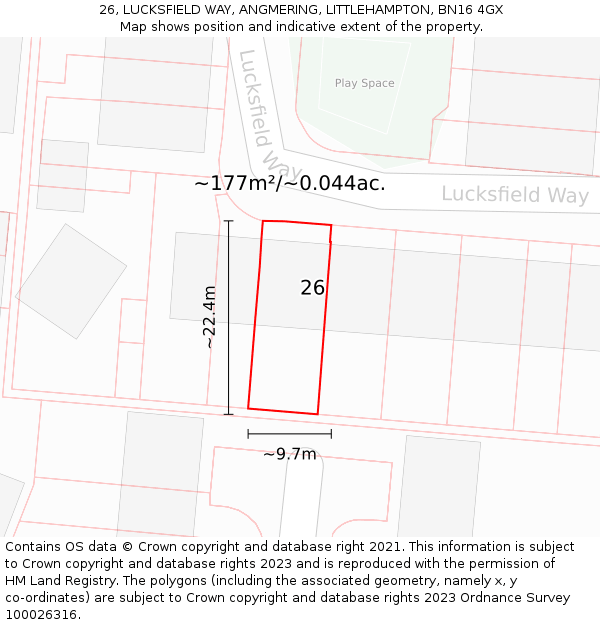 26, LUCKSFIELD WAY, ANGMERING, LITTLEHAMPTON, BN16 4GX: Plot and title map