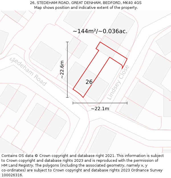 26, STEDEHAM ROAD, GREAT DENHAM, BEDFORD, MK40 4GS: Plot and title map