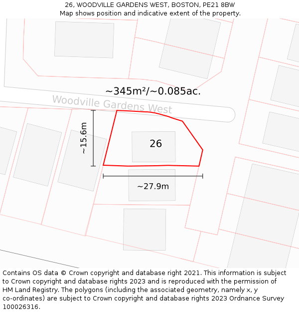 26, WOODVILLE GARDENS WEST, BOSTON, PE21 8BW: Plot and title map
