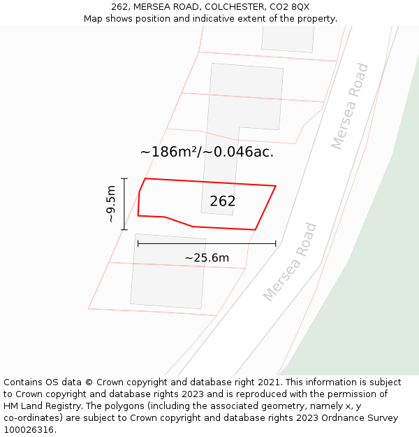 262, MERSEA ROAD, COLCHESTER, CO2 8QX: Plot and title map