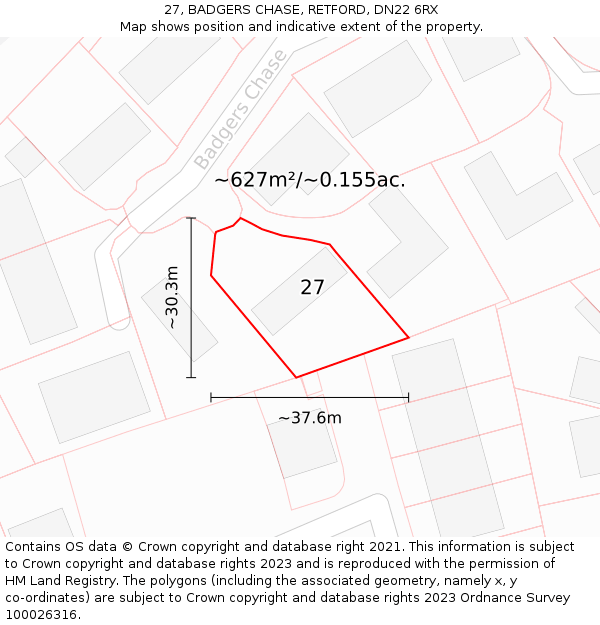 27, BADGERS CHASE, RETFORD, DN22 6RX: Plot and title map