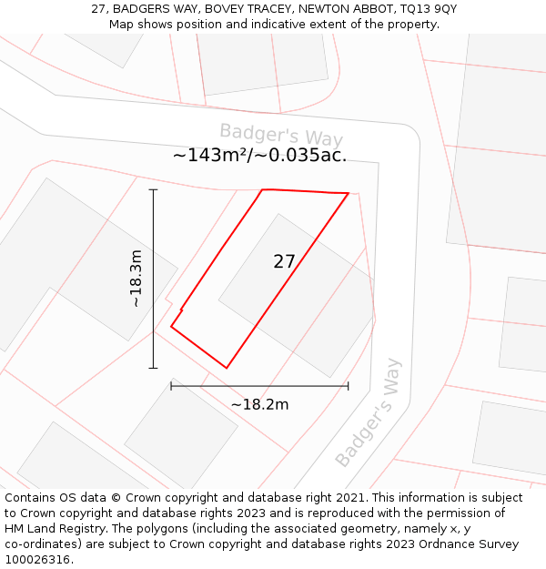 27, BADGERS WAY, BOVEY TRACEY, NEWTON ABBOT, TQ13 9QY: Plot and title map
