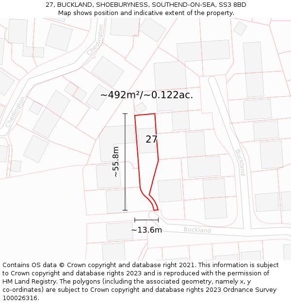 27, BUCKLAND, SHOEBURYNESS, SOUTHEND-ON-SEA, SS3 8BD: Plot and title map