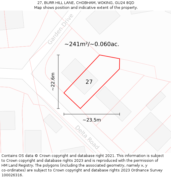 27, BURR HILL LANE, CHOBHAM, WOKING, GU24 8QD: Plot and title map