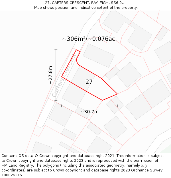 27, CARTERS CRESCENT, RAYLEIGH, SS6 9UL: Plot and title map