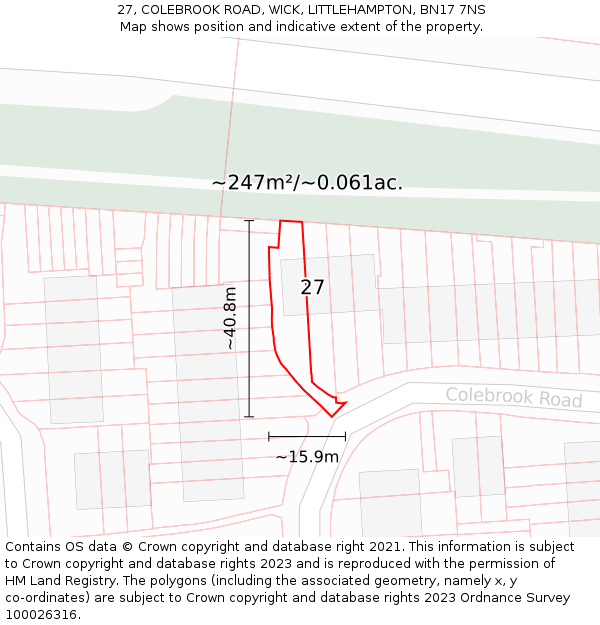 27, COLEBROOK ROAD, WICK, LITTLEHAMPTON, BN17 7NS: Plot and title map