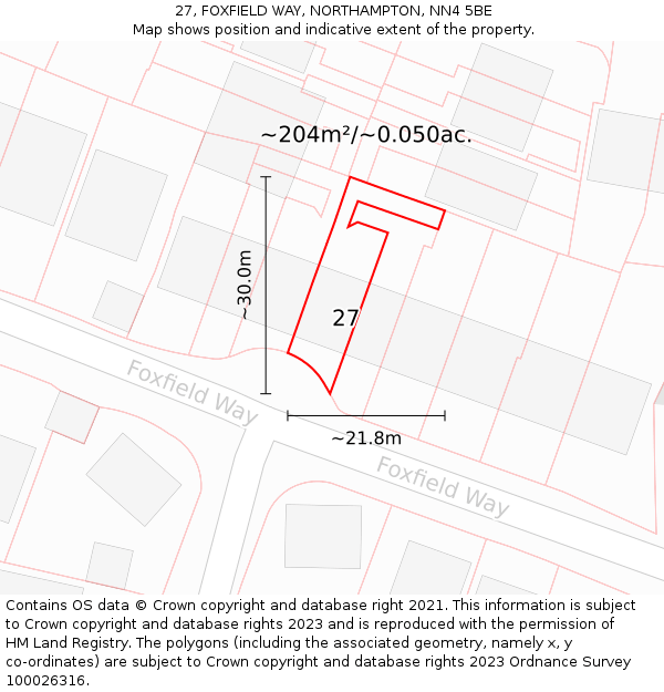 27, FOXFIELD WAY, NORTHAMPTON, NN4 5BE: Plot and title map