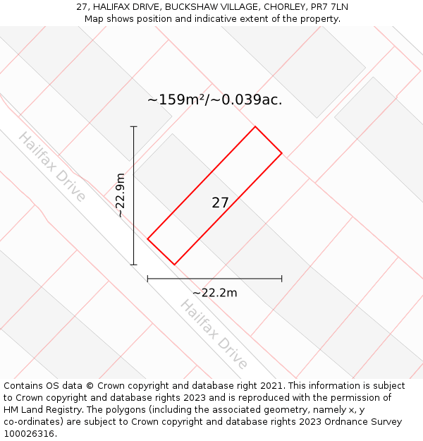 27, HALIFAX DRIVE, BUCKSHAW VILLAGE, CHORLEY, PR7 7LN: Plot and title map