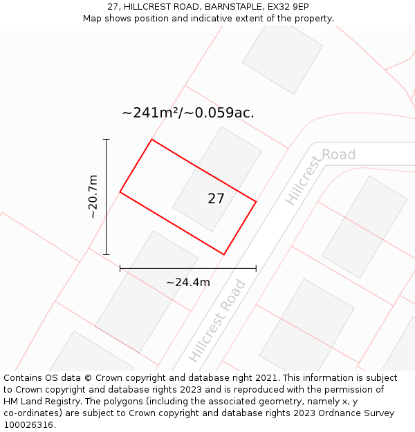 27, HILLCREST ROAD, BARNSTAPLE, EX32 9EP: Plot and title map