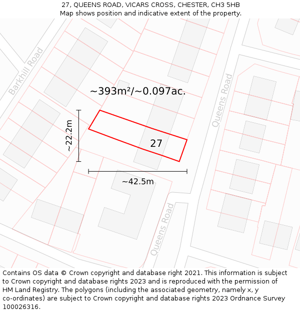 27, QUEENS ROAD, VICARS CROSS, CHESTER, CH3 5HB: Plot and title map