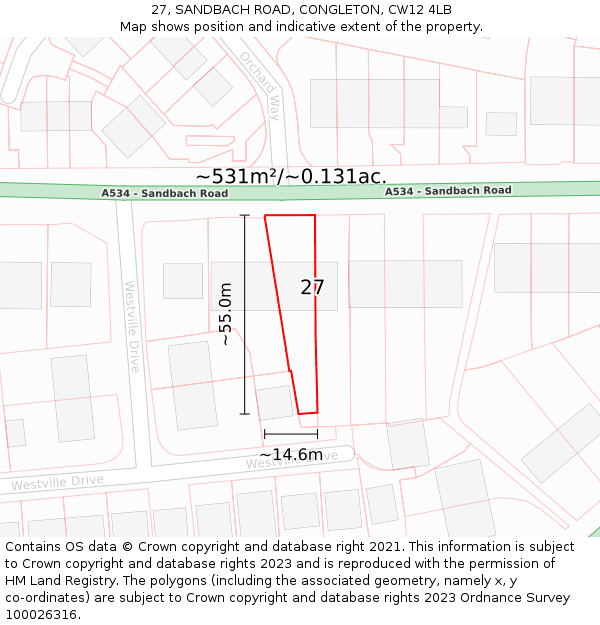27, SANDBACH ROAD, CONGLETON, CW12 4LB: Plot and title map