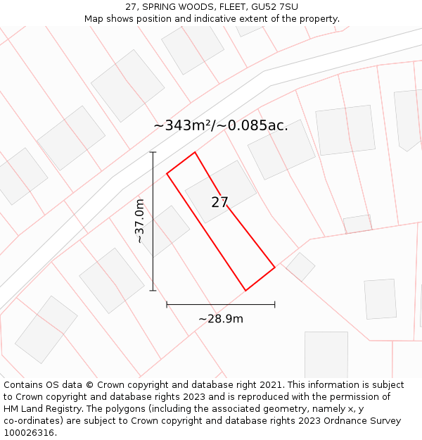 27, SPRING WOODS, FLEET, GU52 7SU: Plot and title map