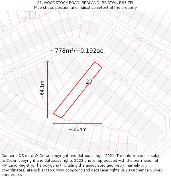 27, WOODSTOCK ROAD, REDLAND, BRISTOL, BS6 7EL: Plot and title map