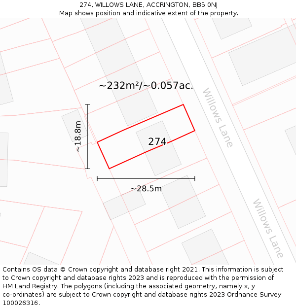 274, WILLOWS LANE, ACCRINGTON, BB5 0NJ: Plot and title map