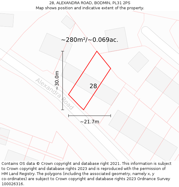 28, ALEXANDRA ROAD, BODMIN, PL31 2PS: Plot and title map