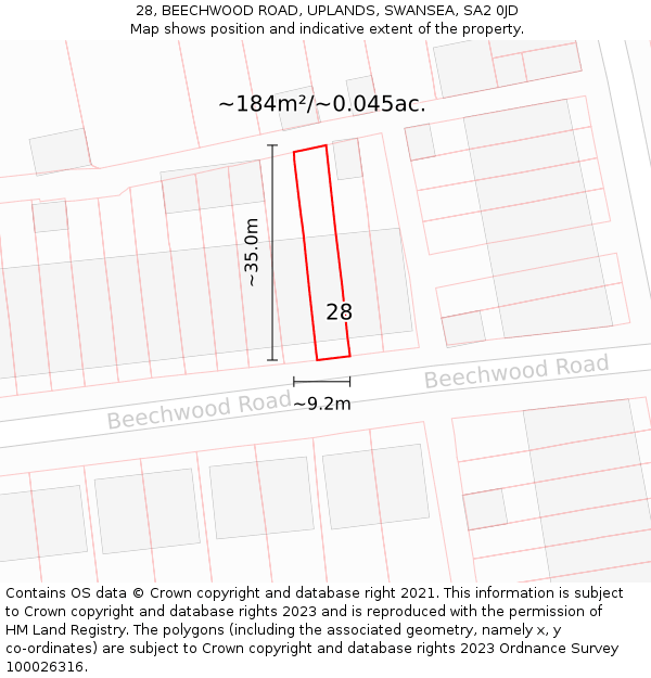 28, BEECHWOOD ROAD, UPLANDS, SWANSEA, SA2 0JD: Plot and title map