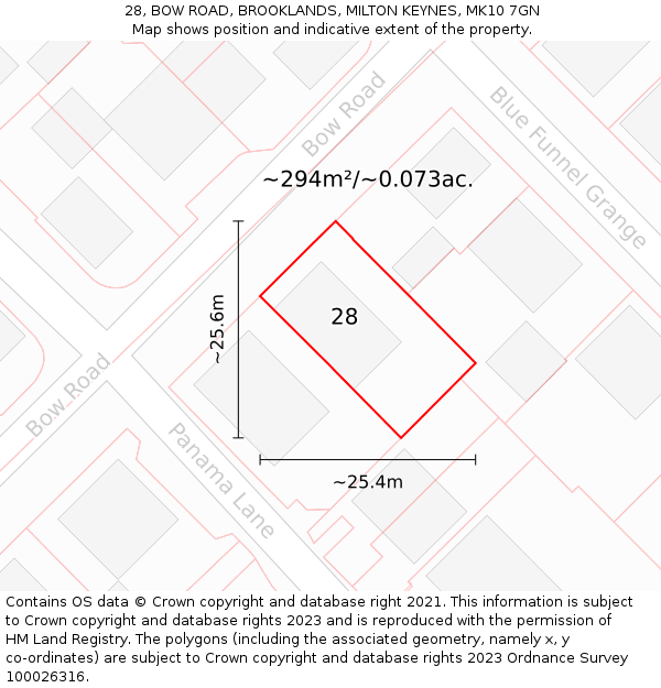 28, BOW ROAD, BROOKLANDS, MILTON KEYNES, MK10 7GN: Plot and title map