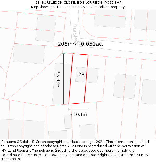 28, BURSLEDON CLOSE, BOGNOR REGIS, PO22 8HP: Plot and title map