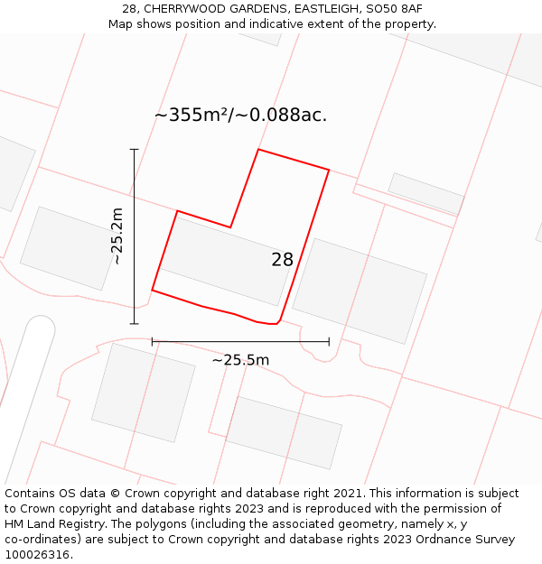 28, CHERRYWOOD GARDENS, EASTLEIGH, SO50 8AF: Plot and title map