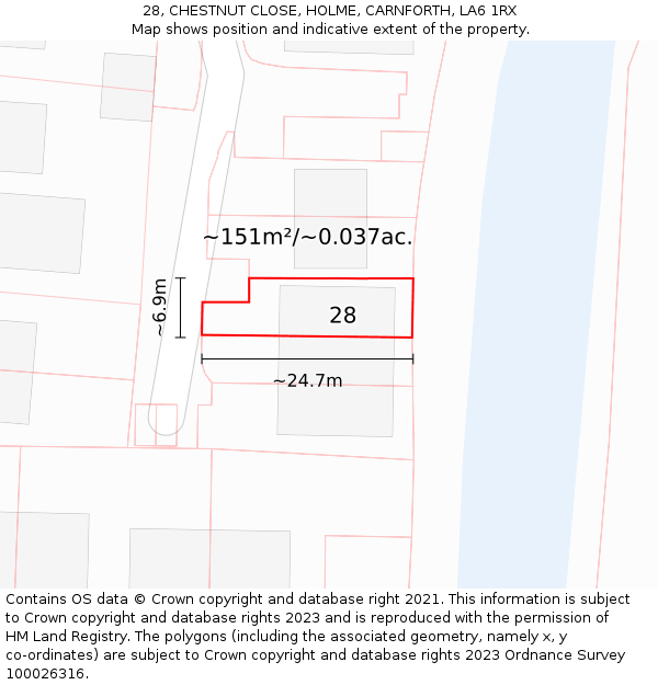 28, CHESTNUT CLOSE, HOLME, CARNFORTH, LA6 1RX: Plot and title map