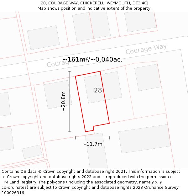 28, COURAGE WAY, CHICKERELL, WEYMOUTH, DT3 4GJ: Plot and title map