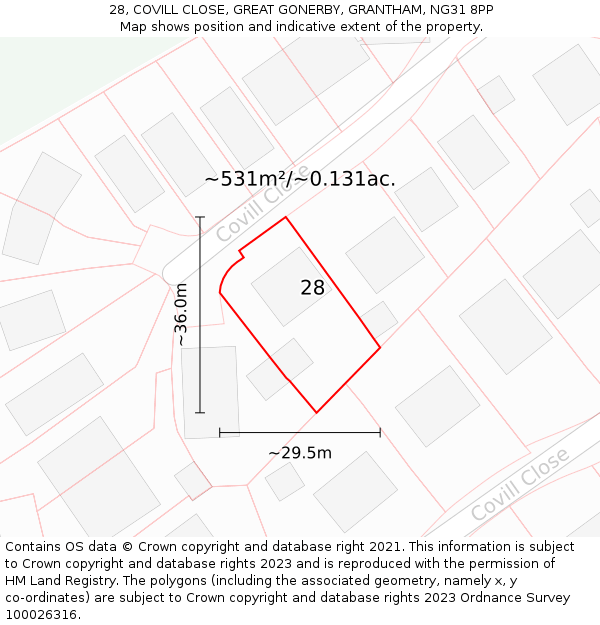 28, COVILL CLOSE, GREAT GONERBY, GRANTHAM, NG31 8PP: Plot and title map