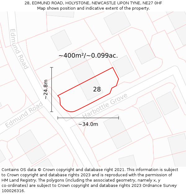 28, EDMUND ROAD, HOLYSTONE, NEWCASTLE UPON TYNE, NE27 0HF: Plot and title map