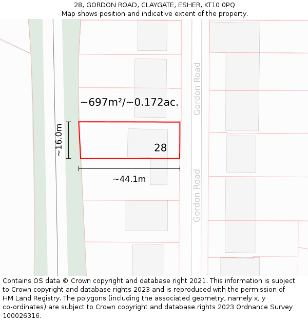 28, GORDON ROAD, CLAYGATE, ESHER, KT10 0PQ: Plot and title map