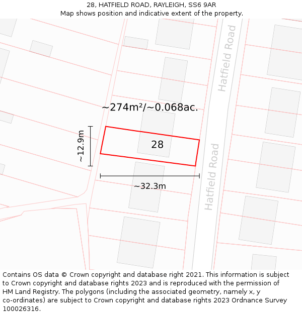 28, HATFIELD ROAD, RAYLEIGH, SS6 9AR: Plot and title map