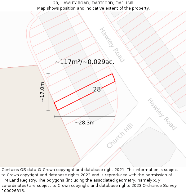 28, HAWLEY ROAD, DARTFORD, DA1 1NR: Plot and title map