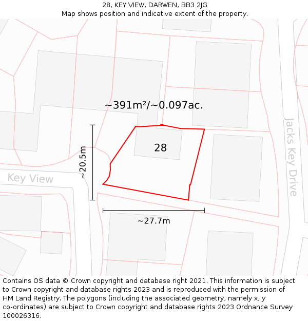 28, KEY VIEW, DARWEN, BB3 2JG: Plot and title map