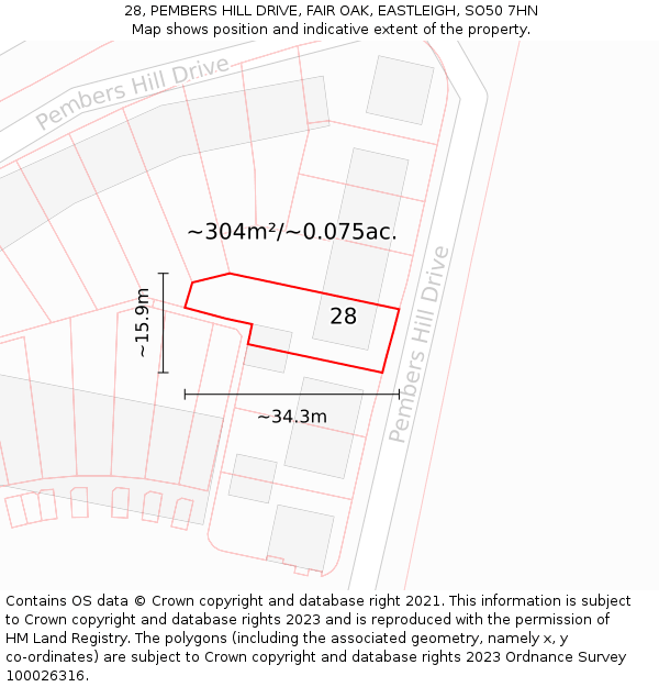 28, PEMBERS HILL DRIVE, FAIR OAK, EASTLEIGH, SO50 7HN: Plot and title map