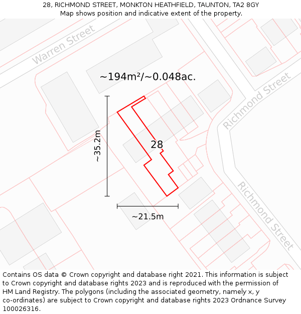 28, RICHMOND STREET, MONKTON HEATHFIELD, TAUNTON, TA2 8GY: Plot and title map
