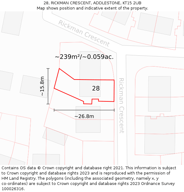 28, RICKMAN CRESCENT, ADDLESTONE, KT15 2UB: Plot and title map