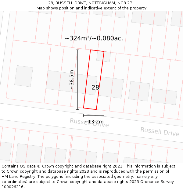 28, RUSSELL DRIVE, NOTTINGHAM, NG8 2BH: Plot and title map