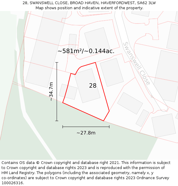 28, SWANSWELL CLOSE, BROAD HAVEN, HAVERFORDWEST, SA62 3LW: Plot and title map