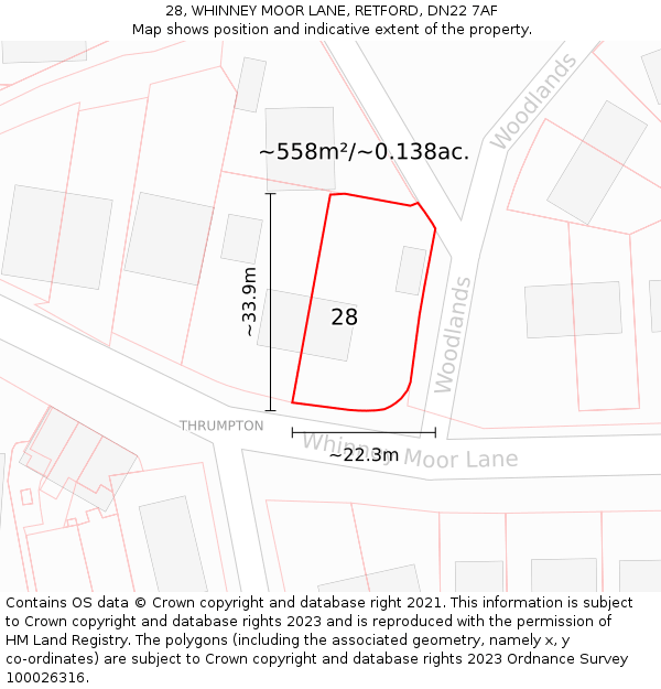 28, WHINNEY MOOR LANE, RETFORD, DN22 7AF: Plot and title map